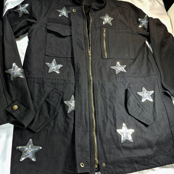 Buddy Love Black Sequin Star Military Utility Jacket Cotton Canvas Parker Cargo - Picture 10 of 13